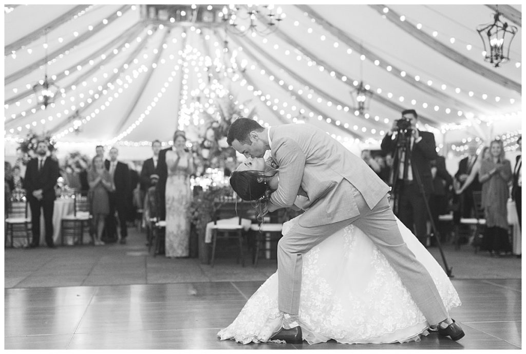 Bride and Groom do their first dance under the sailcloth tent at Castle Hill Inn wedding. 