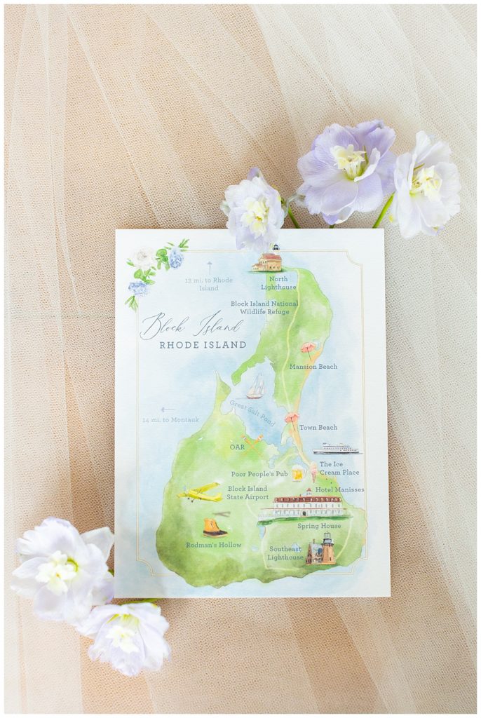 watercolor illustrated wedding invitations featuring Block Island