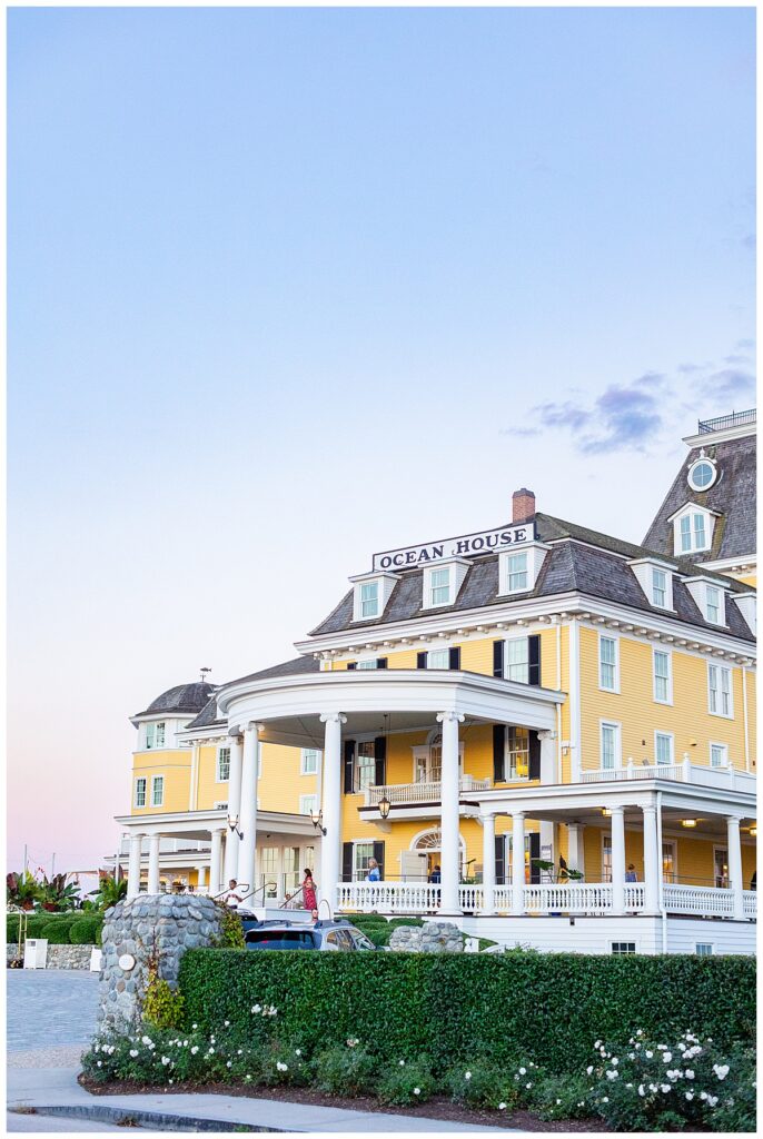 The front of Ocean House Wedding Venue in Rhode Island at Sunset 