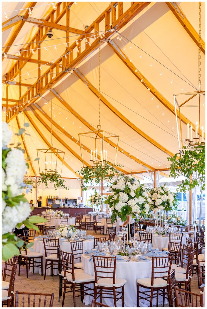 tented wedding reception with hanging chandeliers at The Bohlin Newport